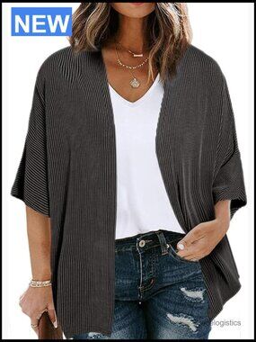 Plus Size Lightweight Cardigan Half Sleeve Ribbed Knit Kimono Tops